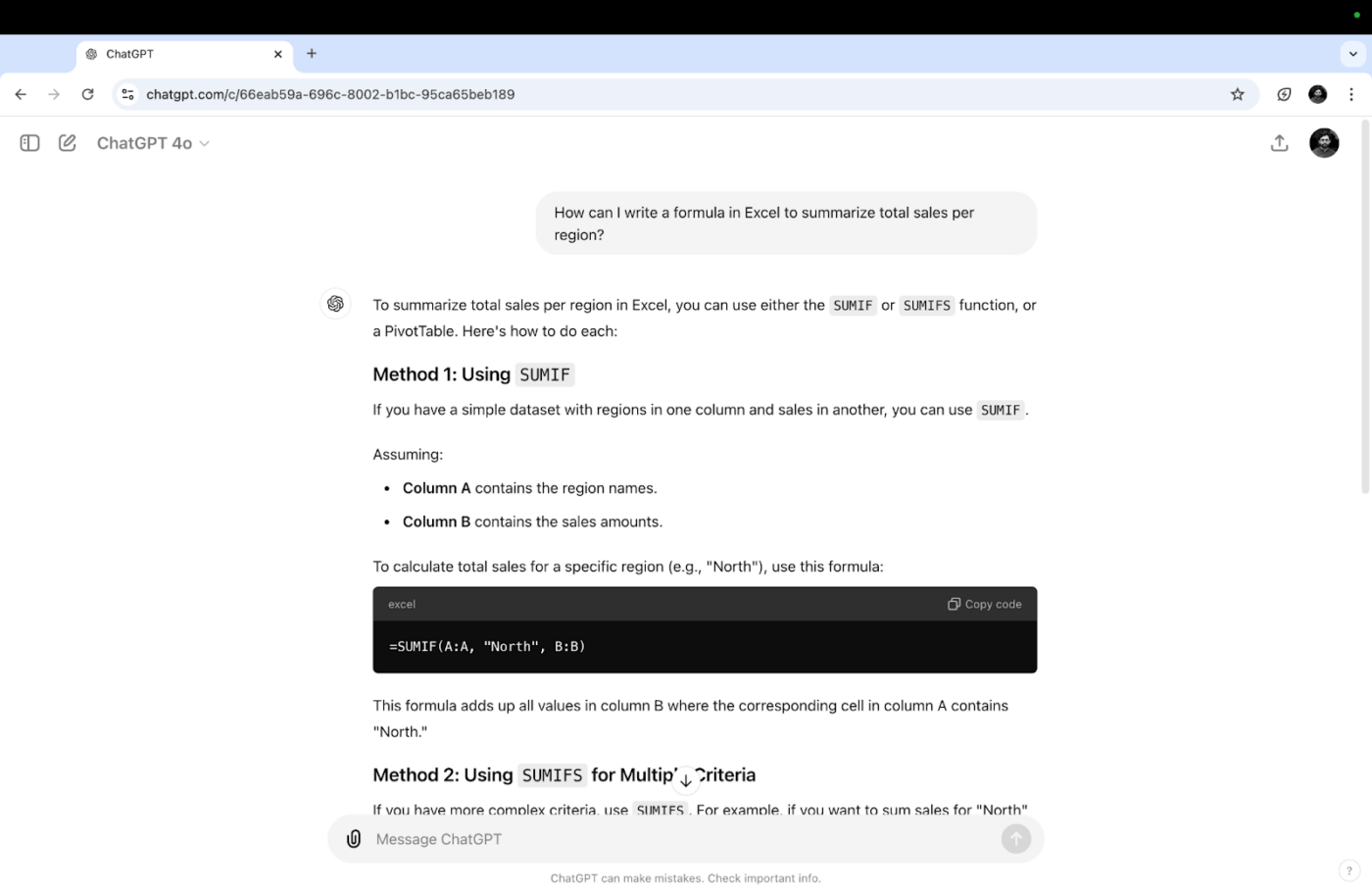 ChatGPT proporciona una fórmula SUMIF para resumir las ventas por región: Cómo usar ChatGPT para fórmulas de Excel