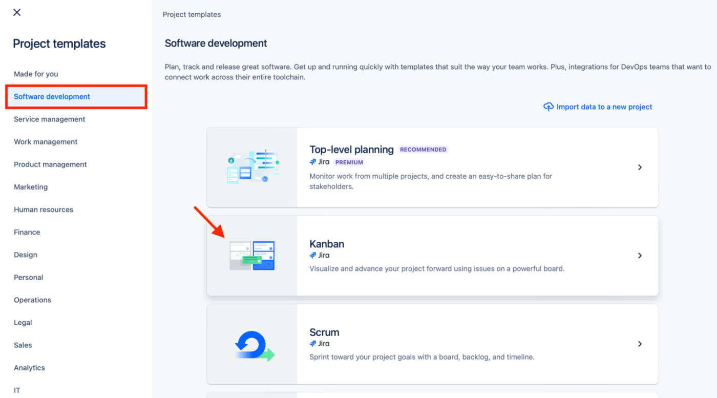 Seleccionar Kanban en las plantillas de Desarrollo de Software en JIRA