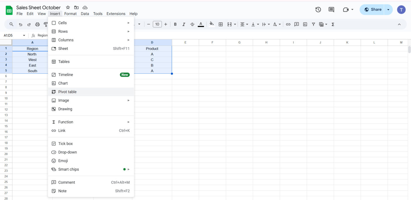 Create Google sheets pivot table: Select Pivot Table