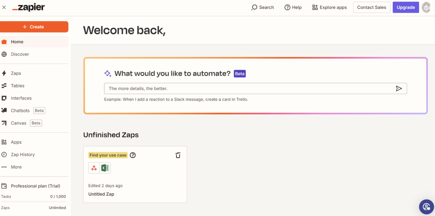 Here’s how your Zapier dashboard should look on the desktop : how to export asana to excel