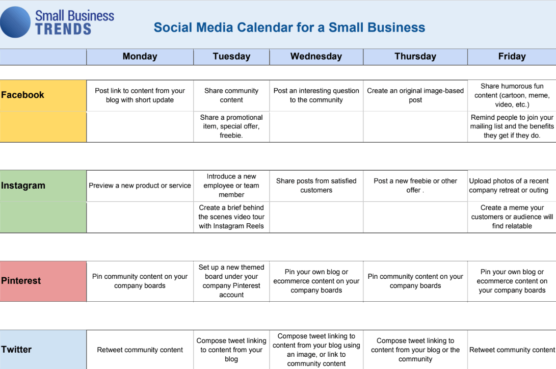 Social Media Content Calendar for Small Business by Small Business Trends