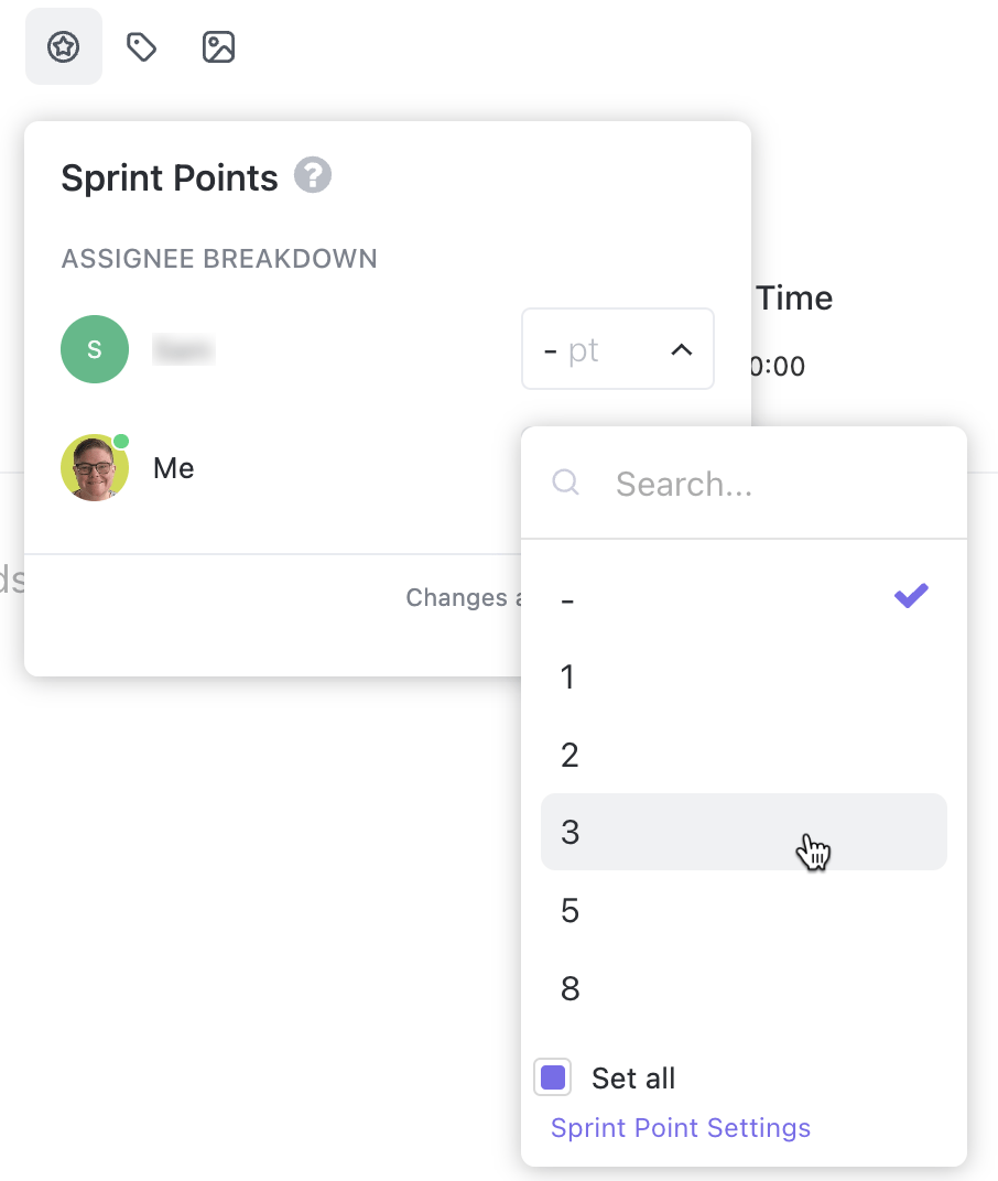 O Sprint Point ClickApp permite que você atribua pontos de sprint a responsáveis individuais ou múltiplos e calcula automaticamente o total de pontos com base nesses valores