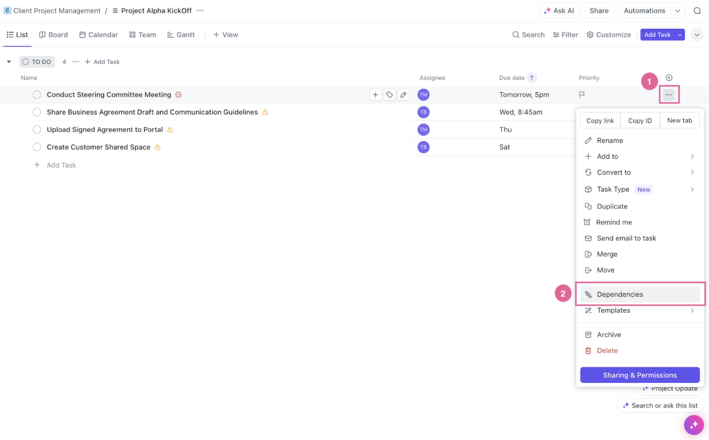 Establish task dependencies on the task details in ClickUp