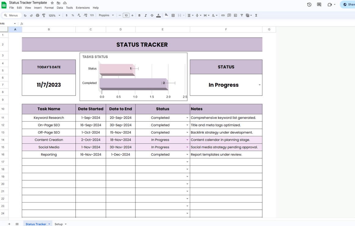 Szablon do śledzenia statusu zadań od Template.net