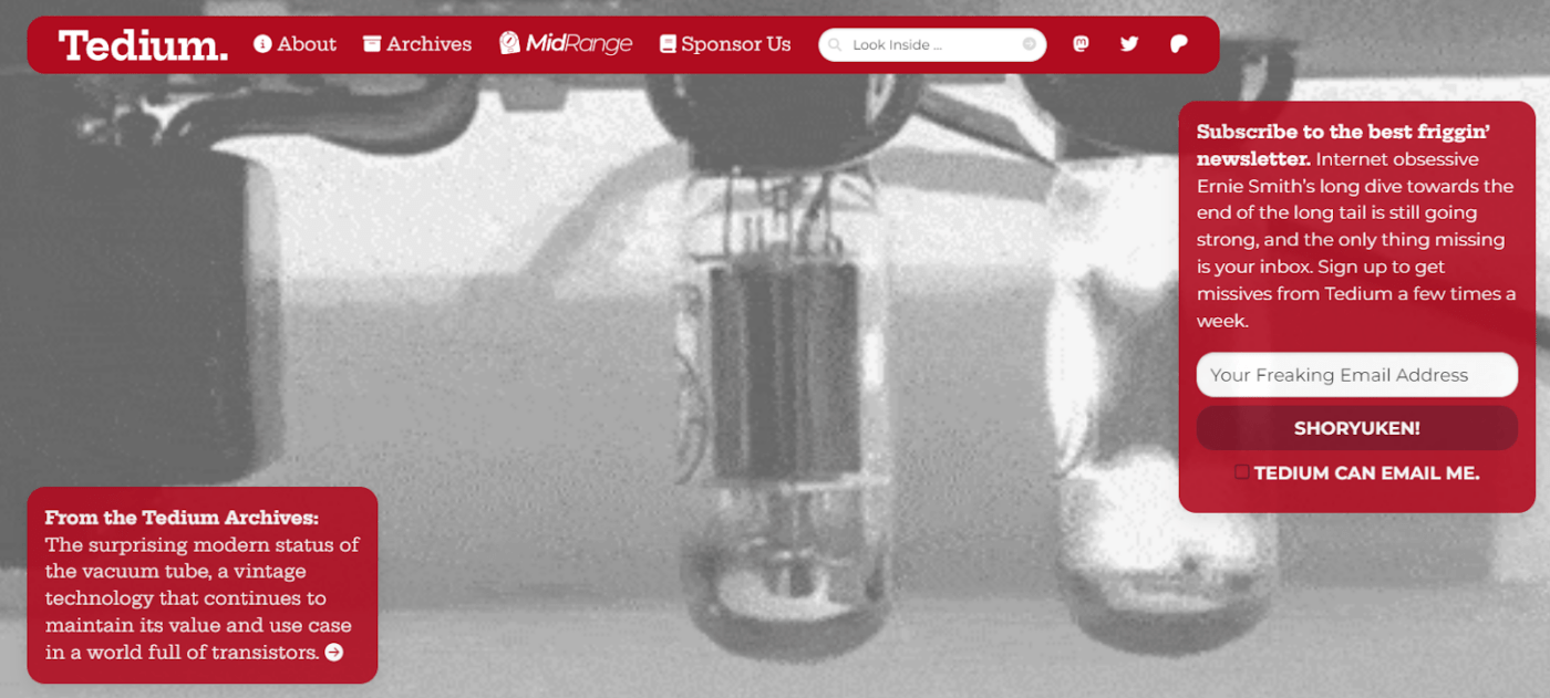 Tedium技術ニュースレターのホーム・ページのスクリーンショット。