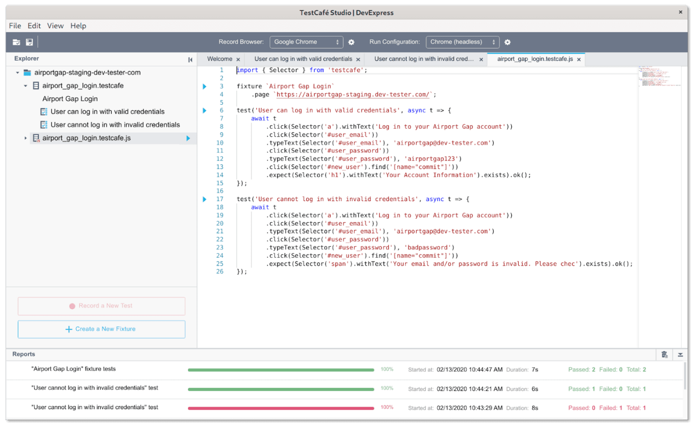 A screenshot of the dashboard of TestCafe, an automation testing tool