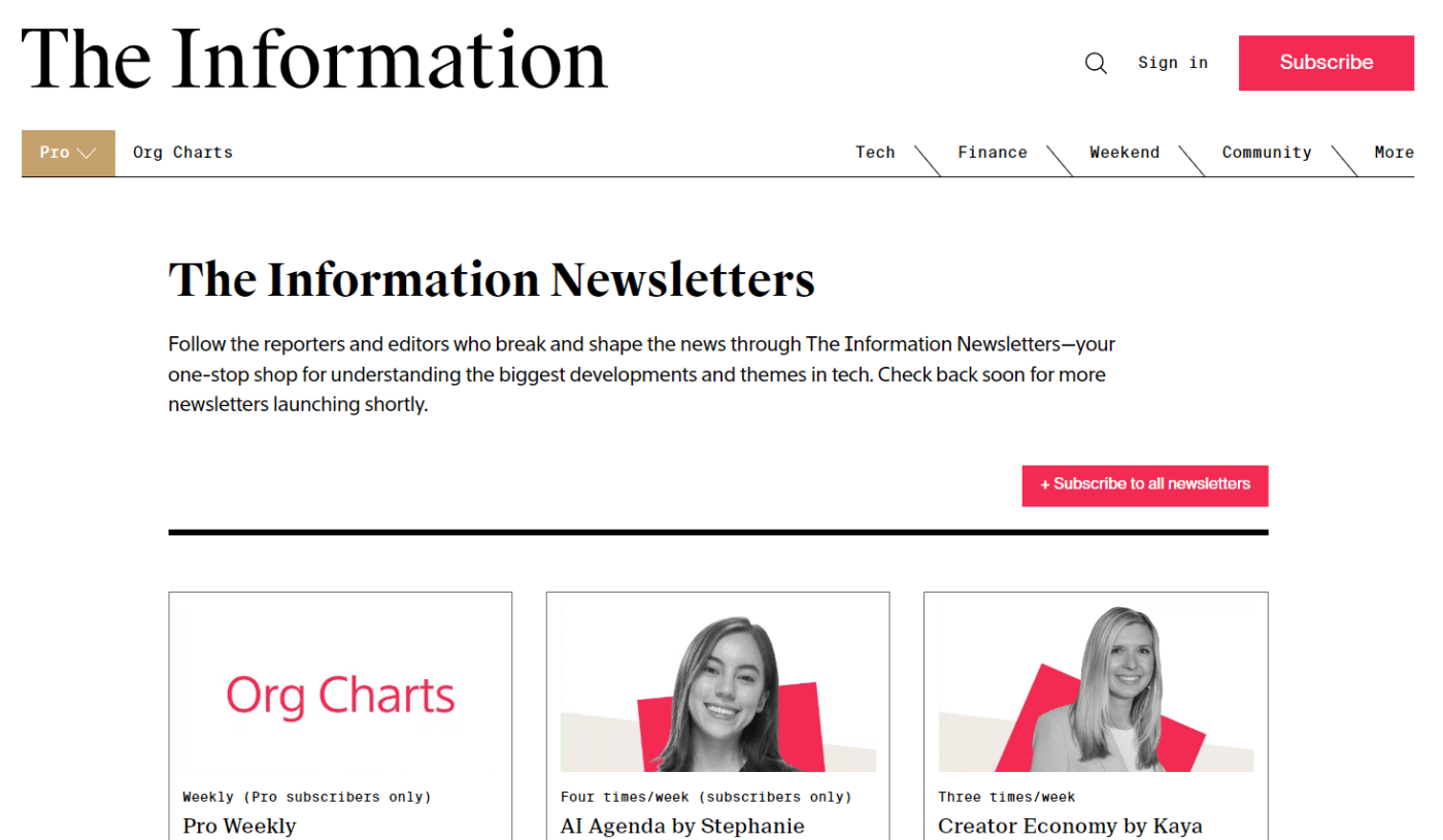 Een schermafbeelding van de startpagina van de technische nieuwsbrief The Information