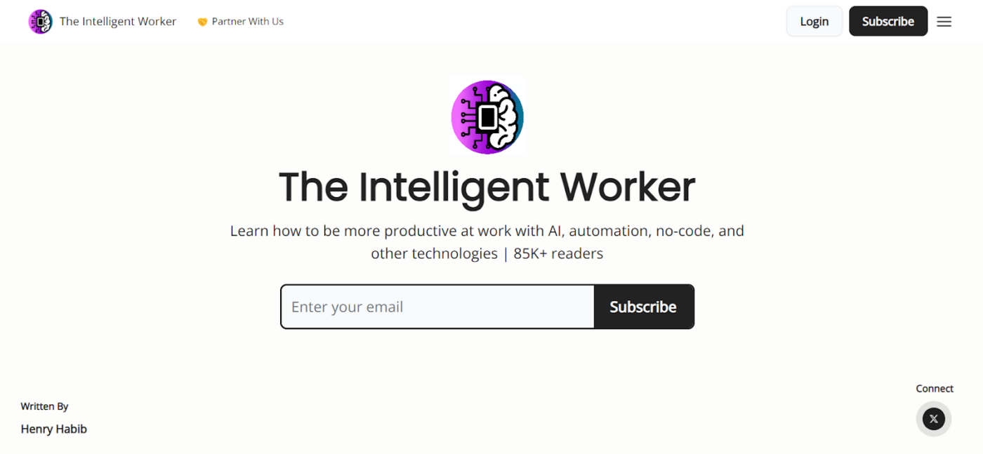 A screenshot of The Intelligent Worker tech newsletter's home page