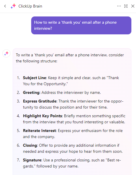 Utiliza ClickUp Brain para redactar un correo electrónico de agradecimiento tras una entrevista telefónica