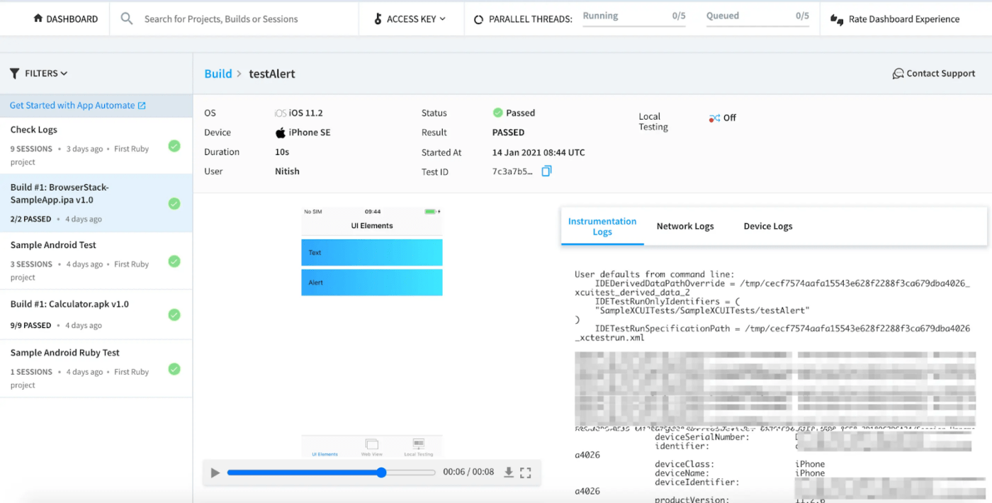 A screenshot of the dashboard of XCUITest, an automation testing tool