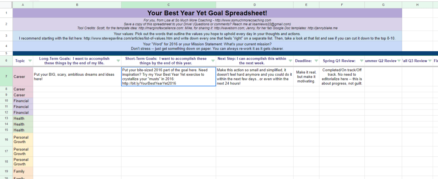 Ihr bestes Jahr bisher: Goal Spreadsheet Template von So Much More Coaching: Google Tabellen Goal Tracker Vorlage