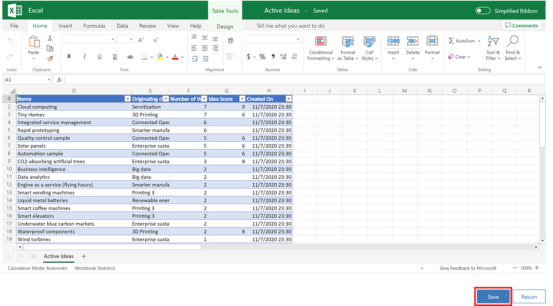 Excel Online에 데이터 저장