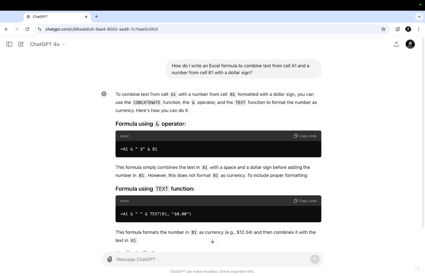 ChatGPT generating a formula to combine text and numbers with specific formatting