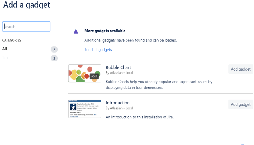 Suche nach Gadgets zur Erstellung eines Dashboards in Jira