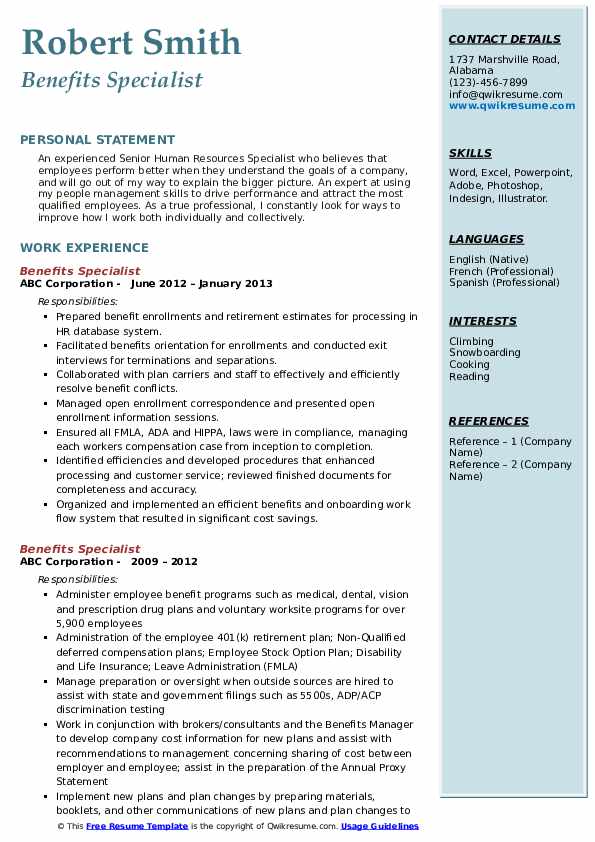 Benefits and compensation specialist resume