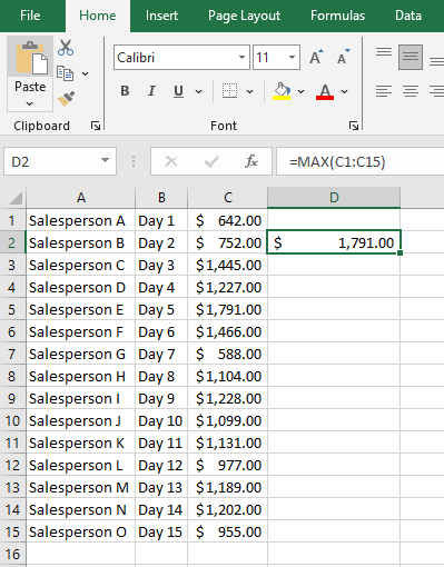 MAX di numeri: foglio di calcolo di excel