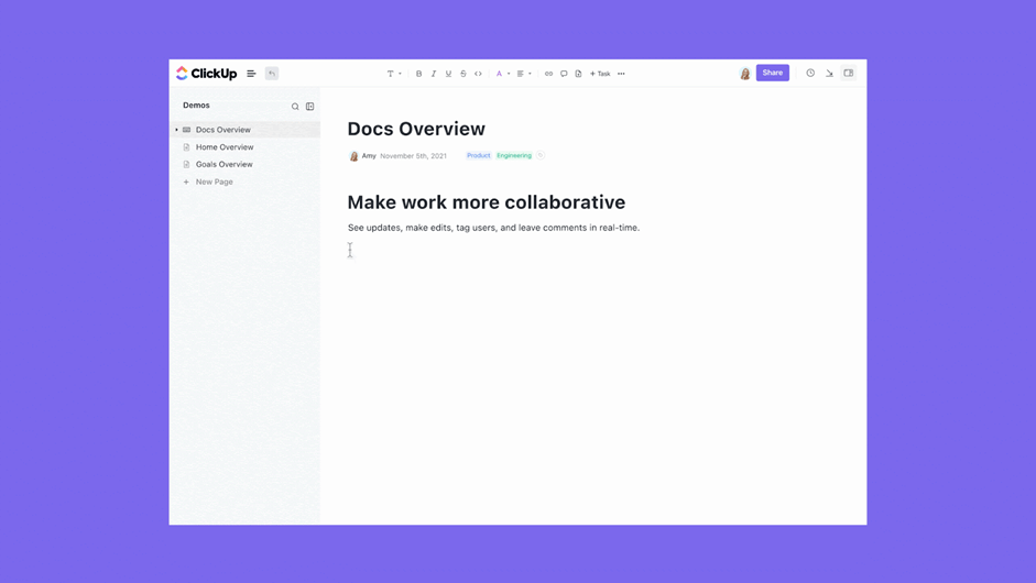 ClickUp Docs pour créer un document "Comment travailler avec moi"