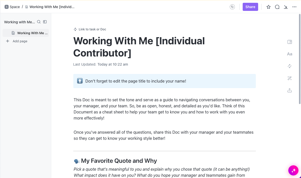 Communiquez votre style de travail à votre manager et à votre équipe en utilisant le modèle de ClickUp "Working With Me" [Contributeur individuel]