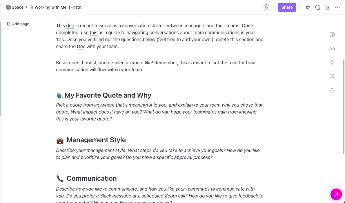 Informe sua equipe sobre suas preferências de estilo de trabalho com o modelo ClickUp Working With Me \[Manager\]