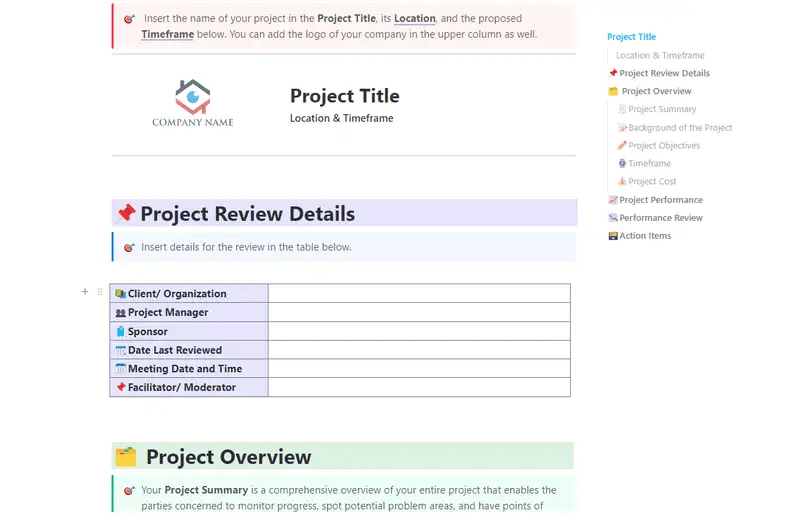 Keep every detail organized and track performance with ClickUp's Project Management Review Template