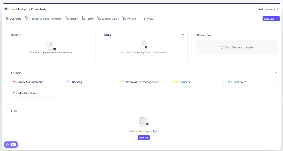 Mantenha o foco em suas metas pessoais com o modelo Using ClickUp for Productivity