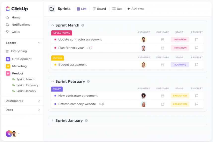 Gestite facilmente roadmap di prodotto, backlog, sprint e UX design con il modello di Agile Project Management di ClickUp