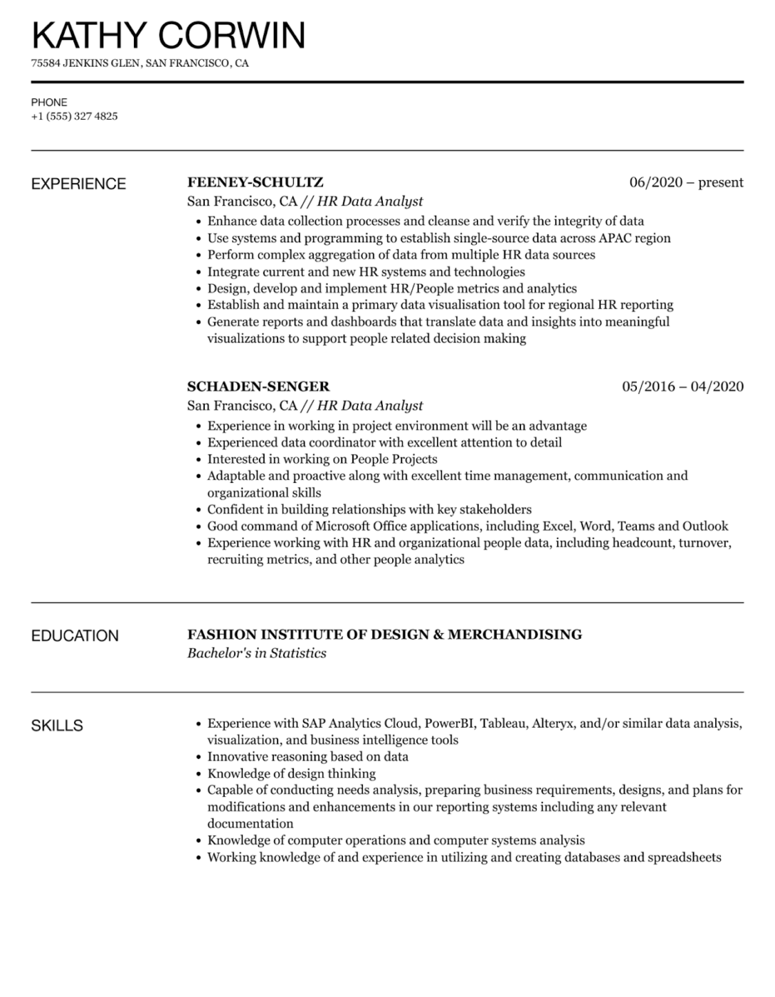 HR data analyst resume