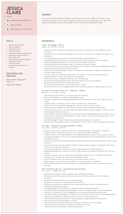 Remote (Work from home) HR manager resume