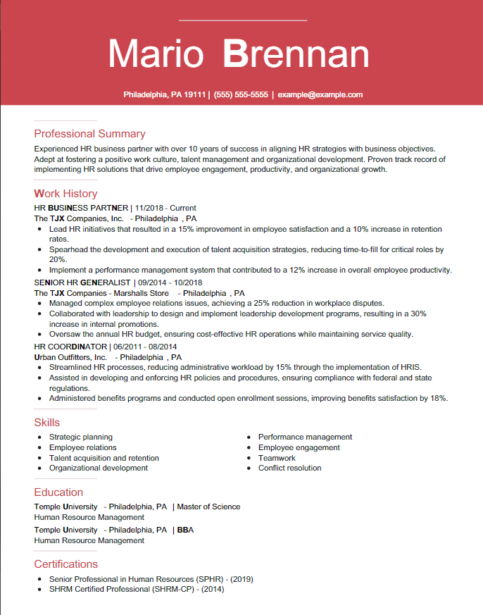 HR business partner resume