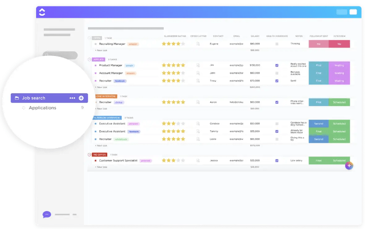 Gardez une trace des candidatures, des offres d'emploi, des évaluations des entreprises, des avantages et de vos ressources pour les entretiens avec le modèle de recherche d'emploi ClickUp