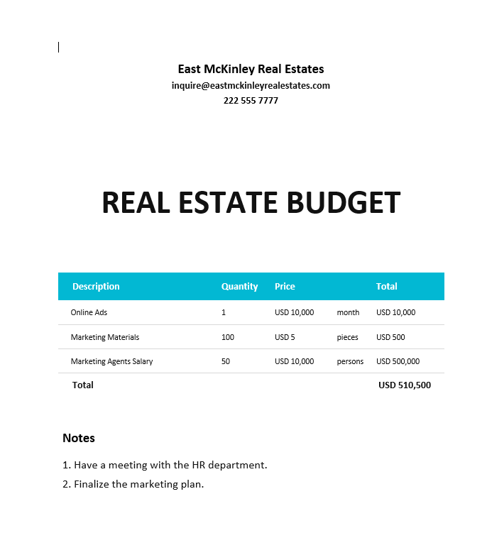 Google Docs Real Estate Budget Template