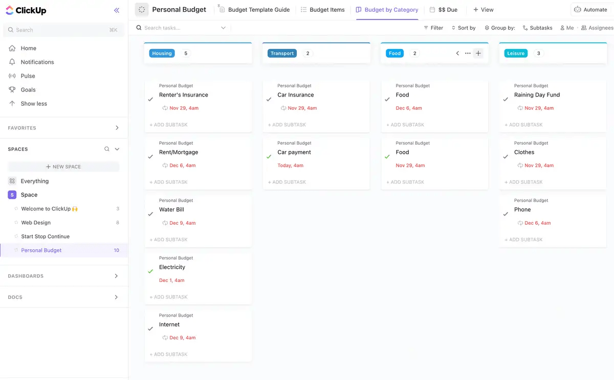 Make managing personal finance a breeze with ClickUp’s Personal Budget Template