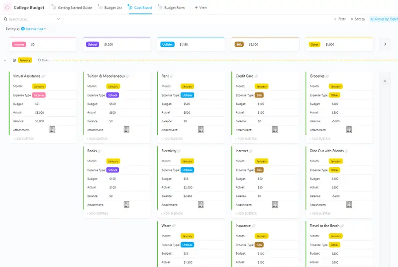 Track your college expenses, income, and savings with the ClickUp College Budget Template