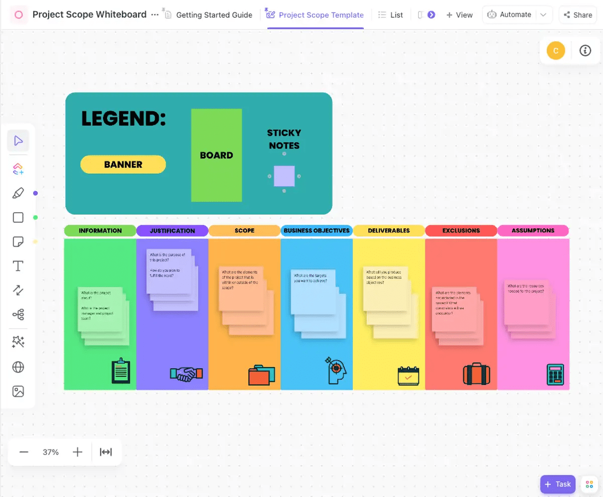 Brainstorm your project scope with the ClickUp Project Scope Whiteboard Template