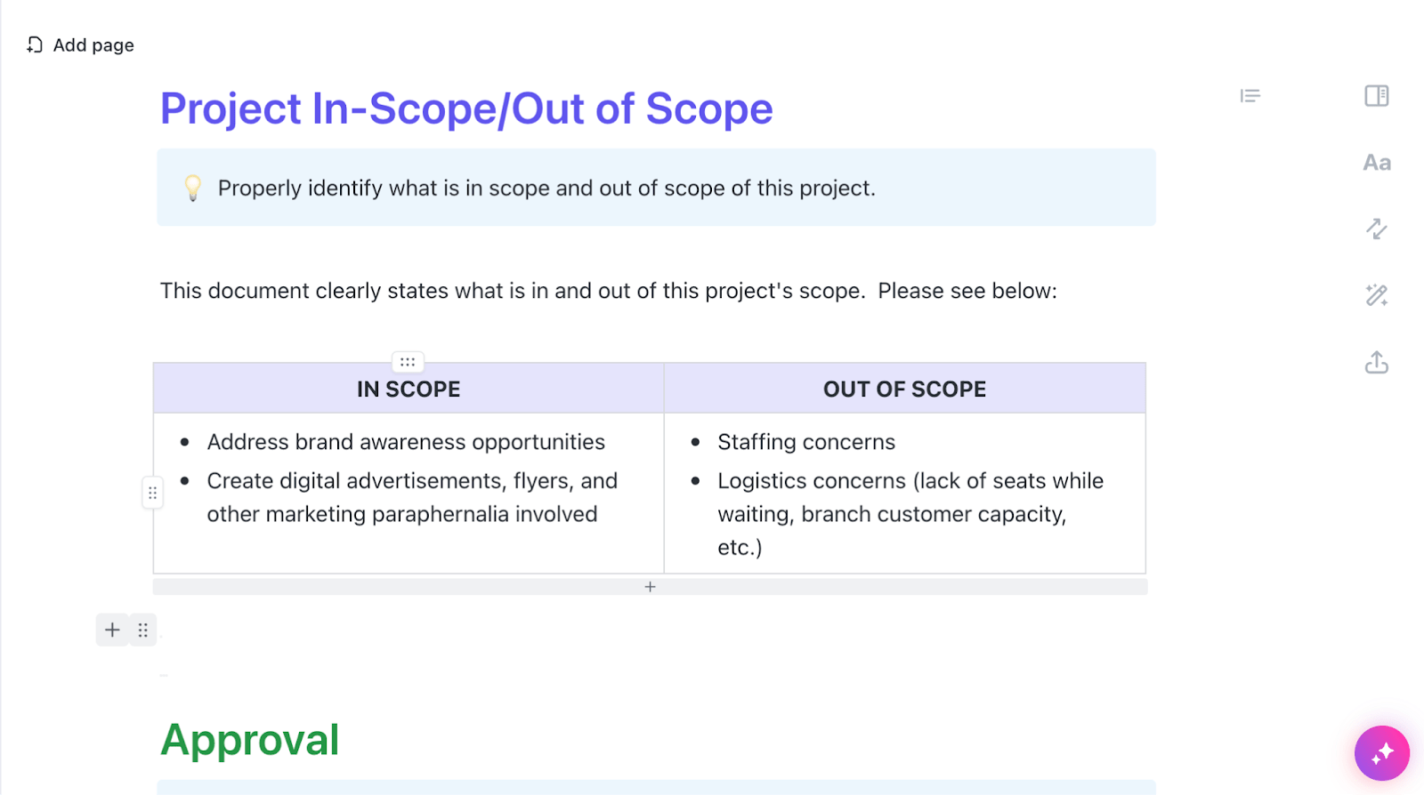 Simply fill out the ClickUp Scope Management Plan Template for a neat and standardized project scope