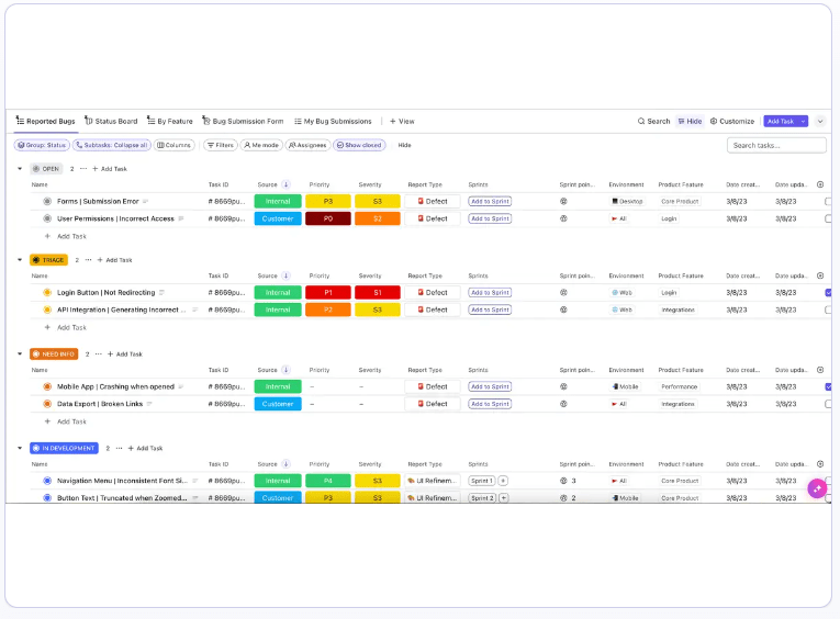 ClickUpのアジャイルスクラムマネジメントテンプレートを使って、実行可能なビジュアルを通してスプリントとロードマッププランを最適化する。