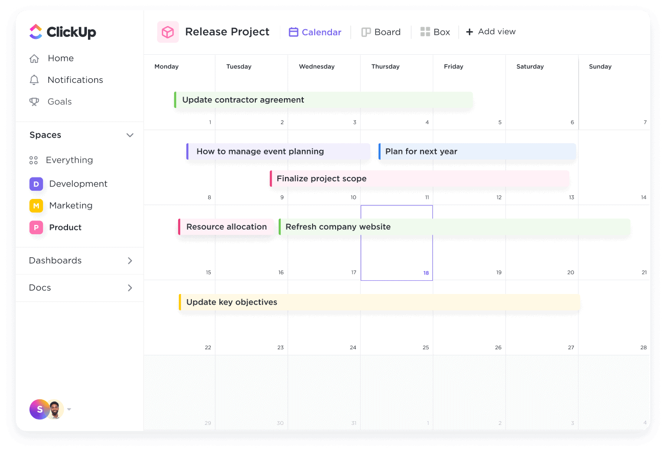 Visualização do calendário do ClickUp: Scrum dos Scrums