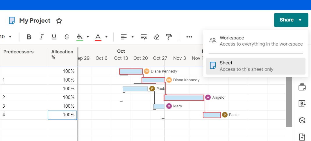 Compartilhe seu gráfico de Gantt com as partes interessadas