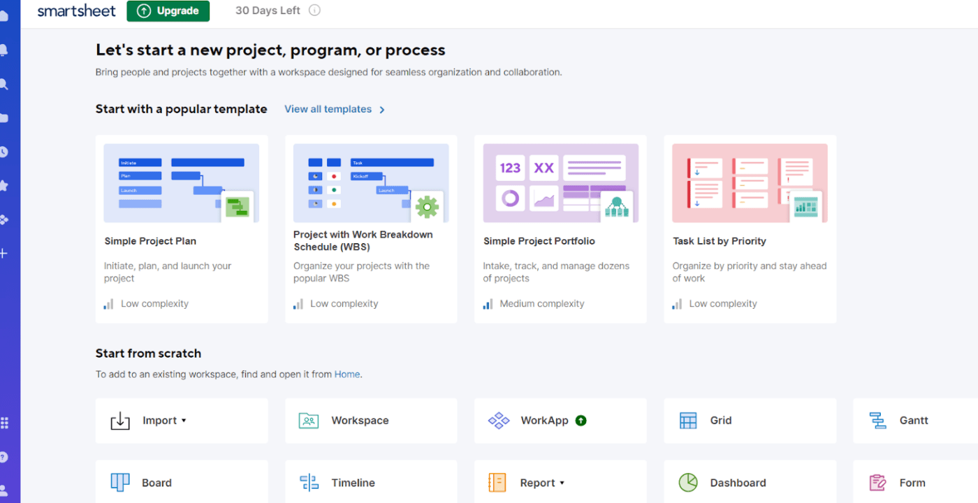 Pilih templat yang sudah dibuat sebelumnya atau Mulai dari awal: bagan gantt smartsheet