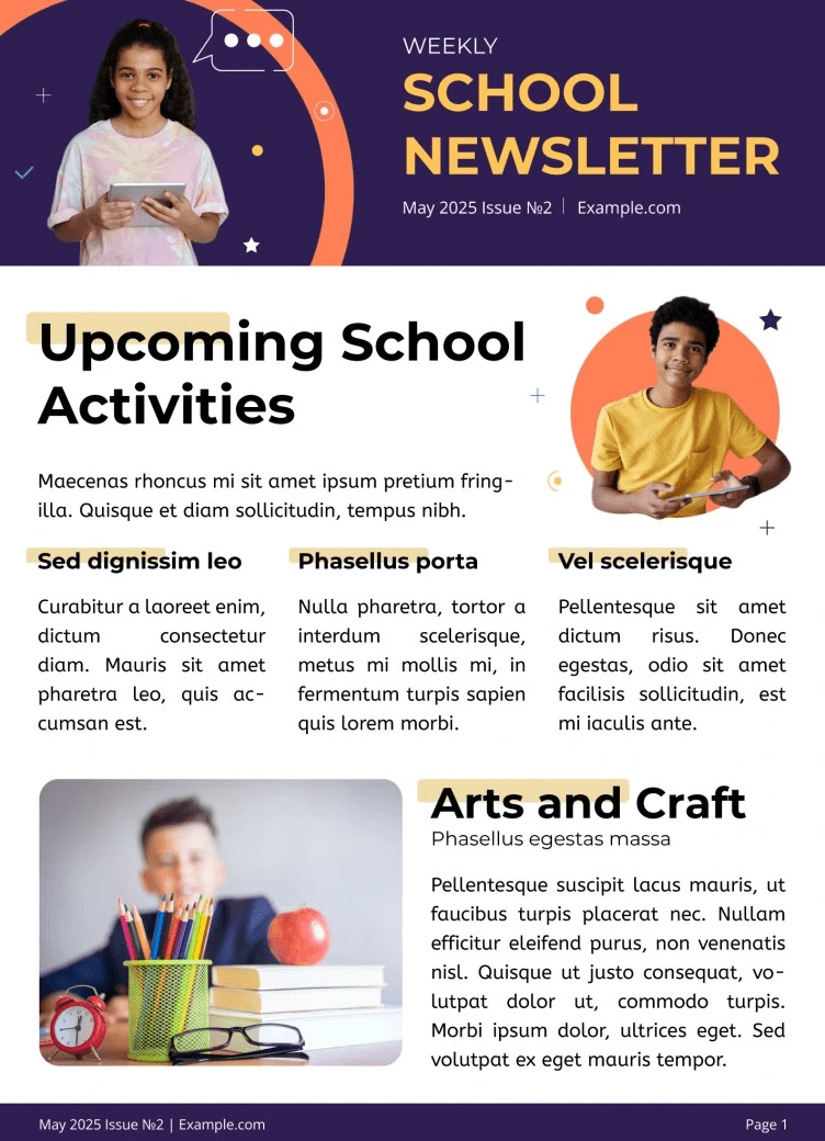 School Upcoming Events Newsletter Template: plantillas de boletines google docs