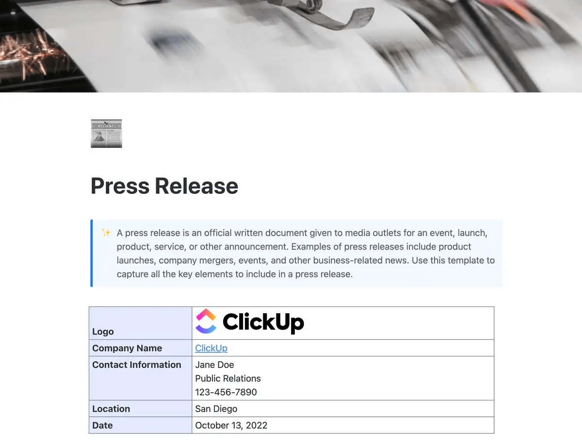 Stwórz dobrą informację prasową za pomocą szablonu ClickUp Press Release Template