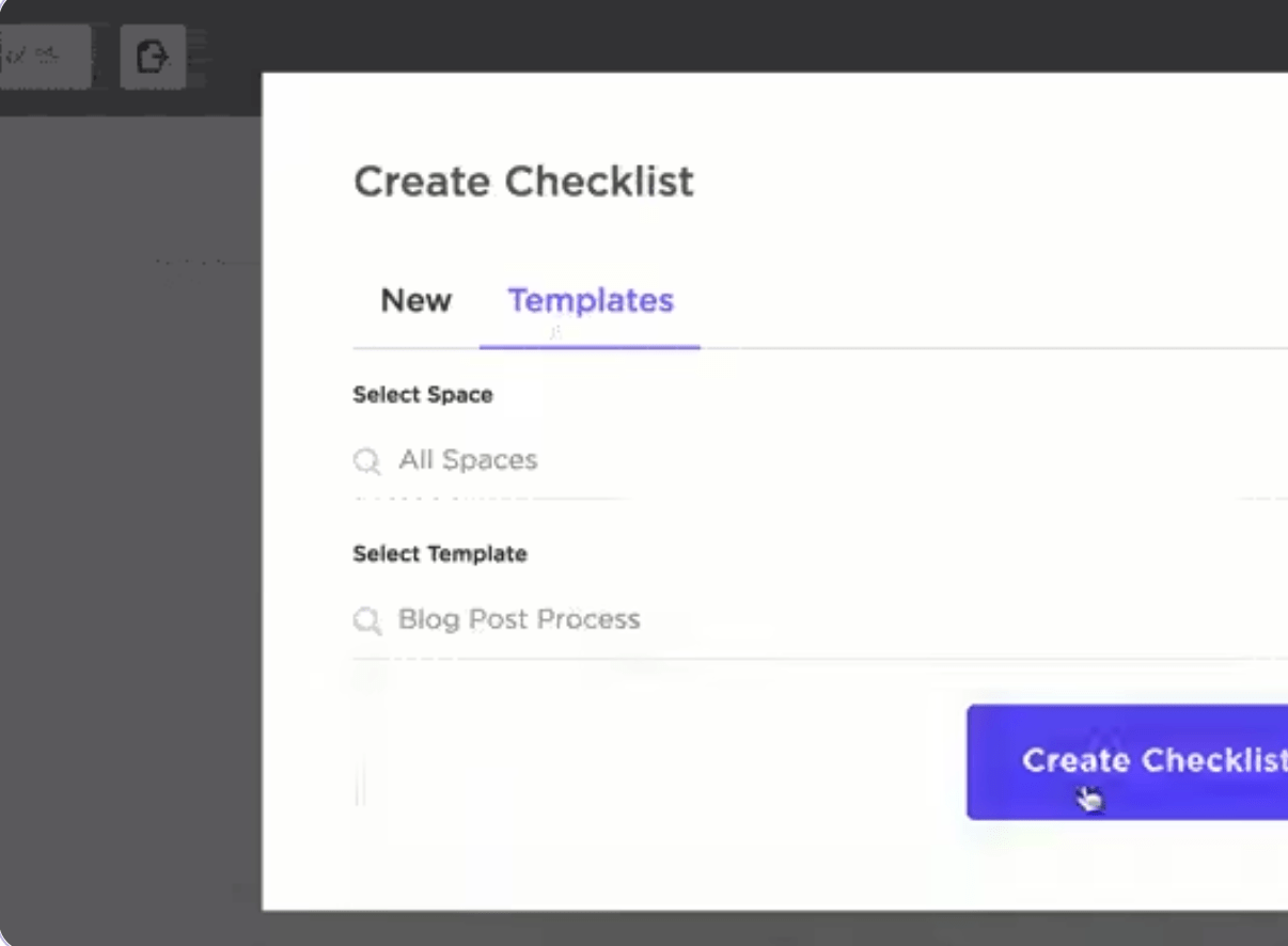 Modelli di lista di controllo ClickUp: Lista di controllo per la creazione dei contenuti