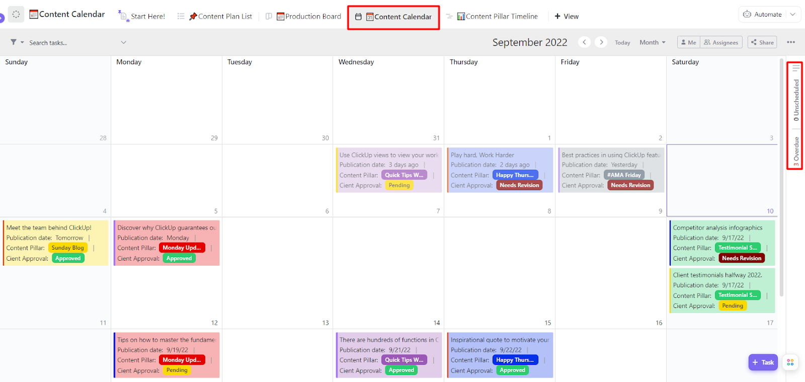 Keep track of your publishing deadlines with the ClickUp Content Calendar Template 