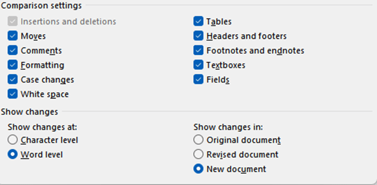 Configure comparison settings: how to compare two word documents