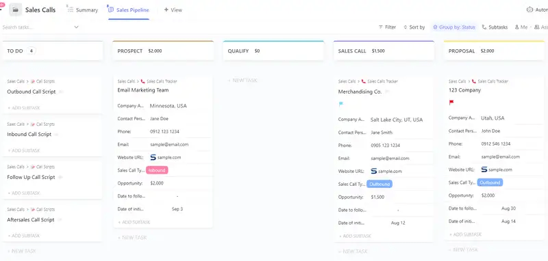 Realice el seguimiento de todas sus llamadas de ventas, sus resultados y acciones posteriores fácilmente con la plantilla de llamadas de ventas de ClickUp