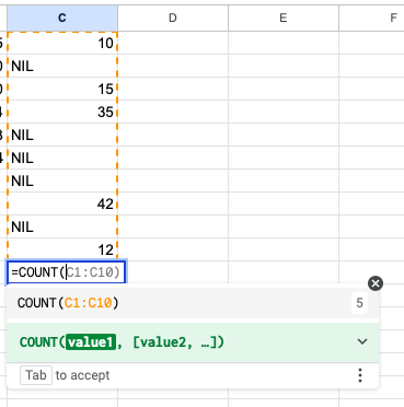 Contagem de entradas (COUNT) folha de dicas do Google Sheets