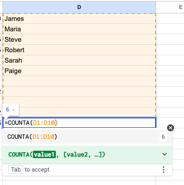 Counting non-empty cells (COUNTA)
google sheets cheat sheet