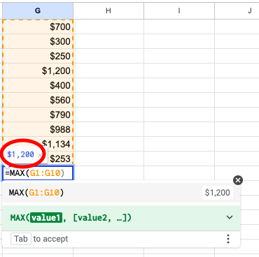 Menemukan nilai maksimum (MAX) lembar contekan lembar kerja google