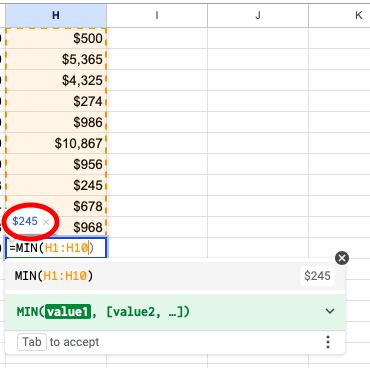 Finding the minimum value (MIN)
google sheets cheat sheet