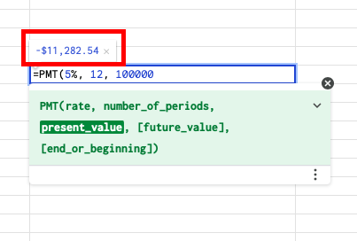 Cálculo de pagamentos de empréstimos (PMT): folha de dicas do Google Sheets